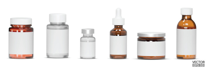Set of Medicine pills brown glass bottle with blank label isolated on white background. Blank medicine container mockup. Collection of supplement bottles. 3d Vector illustration