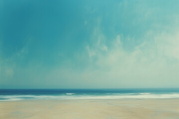 serene ocean landscape with turquoise waters meeting sandy beach under soft blue sky with painterly minimalist aesthetic