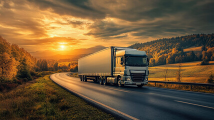 A professional press photo of a sleek silver European cargo truck cruising along a winding road through a dramatic weather landscape. 