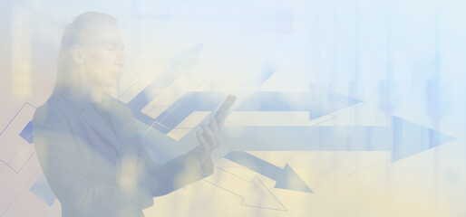 Woman in suit. Stading an look. Using smartphone. Light background. People and structures indoor. Blue scheme vol2