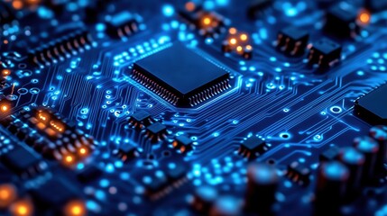 Obraz premium 3D rendering of blue circuit board with glowing chip and electronic components in dark environment, showcasing digital technology and information exchange concept. Close-up high-angle view with shallo