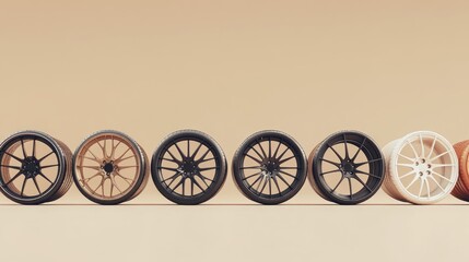 Fototapeta premium A row of different car rims displayed in an elegant showroom setting with a neutral beige background.