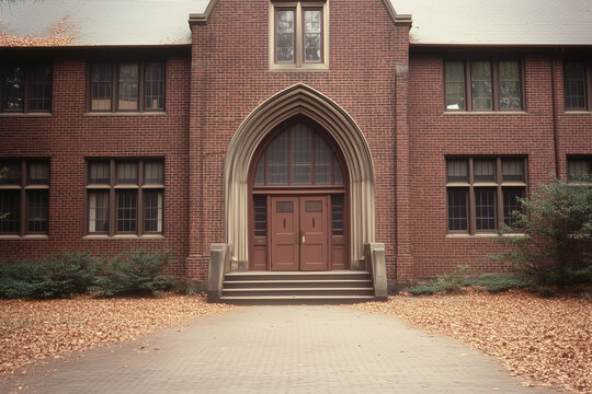 gothic revival brick university building entrance with autumn leaves on ground creating traditional education architecture scene