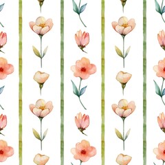 Floral botanical watercolor pattern with peach blossom, buds, green leaves and stripes