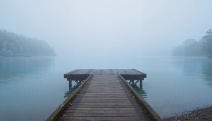 Obraz premium Foggy Lake Dock with Muted Blues and Grays