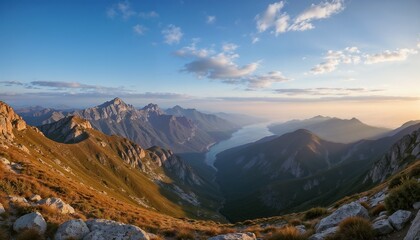 Mountain Sunset Panorama with Warm Glow