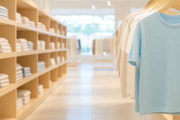 modern minimalist clothing store interior with white shelving displaying neatly folded garments creating clean retail environment