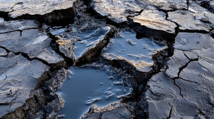 Obraz premium A section of cracked asphalt with hot tar being poured into the fissures.