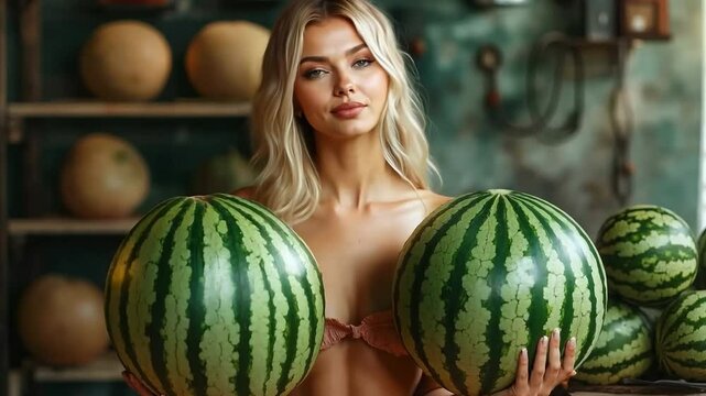 A woman holding two large watermelons in her hands 01