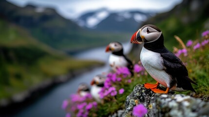 Naklejka premium A group of puffins stands on a rocky ledge surrounded by colorful flowers and a serene landscape, capturing the beauty of wildlife and natural habitats in a tranquil setting.
