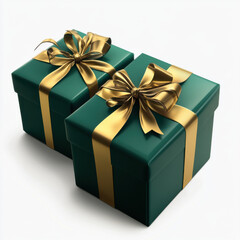 Obraz premium A Festive Duo of Emerald Green Gift Boxes With Golden Ribbon Bows on a White Background.