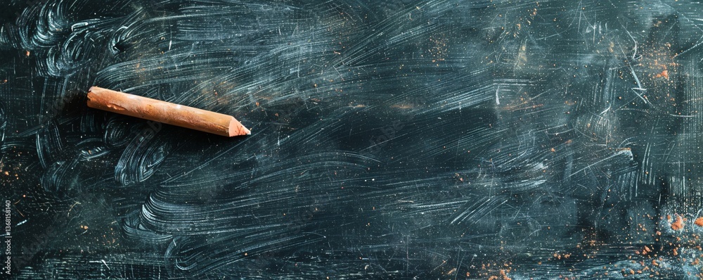 Poster single piece of orange chalk on an empty chalkboard surface with chalk dust texture