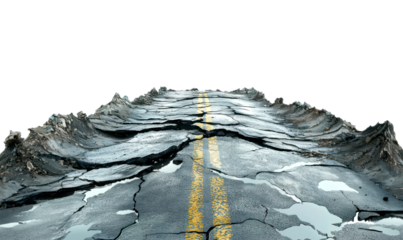 Cracked and Damaged Road View After Tsunami Submersion Event Isolate on Transparent Background, cutout, png