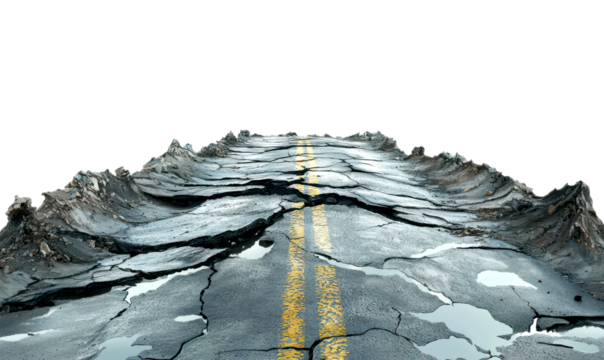 Cracked and Damaged Road View After Tsunami Submersion Event Isolate on Transparent Background, cutout, png