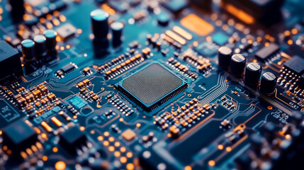 Technology background. High tech electronic circuit board background. Close-up macro electronic circuit board, technology chips to the motherboard. Electronic technology digital chip. Tech background.