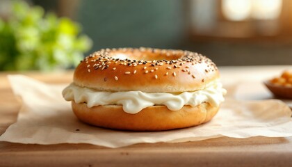 Bagel with Cream Cheese Filling on Wooden Board Close-up
