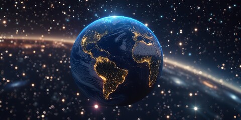 Fototapeta premium Our vibrant Earth, a glowing jewel in the vast cosmos, shining with the light of human civilization, adrift in a sea of stars and cosmic dust.