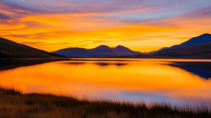 Fototapeta premium Vibrant sunset over tranquil lake with silhouetted mountains and grassy foreground