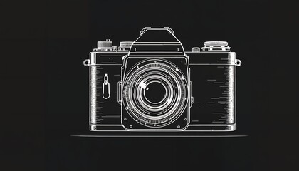Vintage Camera Illustration Detailed White Outline on Dark Background