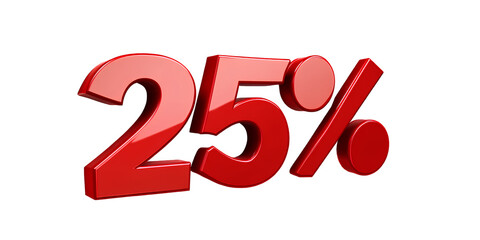 3D red text "25%" isolated on a  transparent background