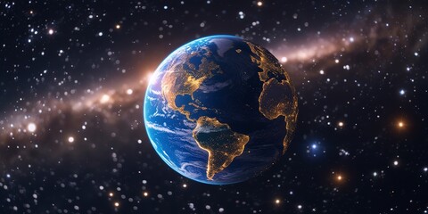 Our fragile Earth glowing with city lights against a breathtaking cosmic backdrop of stars and nebulae, a vibrant testament to life's resilience and beauty in the vast universe.