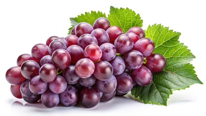 Fototapeta premium A cluster of fresh red grapes with green leaves isolated on white background juicy ripe fruit healthy snack delicious sweet treat antioxidant vitamins