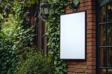 Outdoor image of blank billboard standing, having many evergreen trees around, sides of green divided , amazing landscape. Copyspace for advertisement.	
