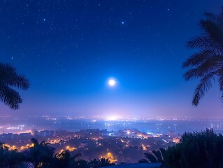 Night Cityscape with Moonlit Palms.