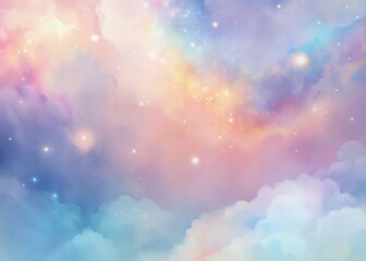 A dreamy pastel sky at twilight, filled with fluffy clouds and twinkling stars, evokes a sense of peace and wonder.
