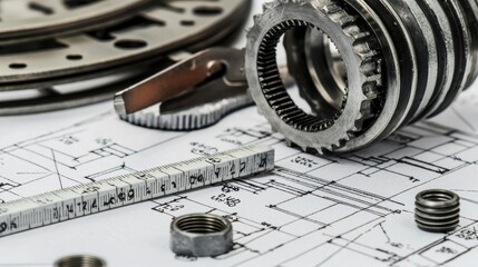 Mechanical engineering tools and components workshop close-up industrial setting technical design