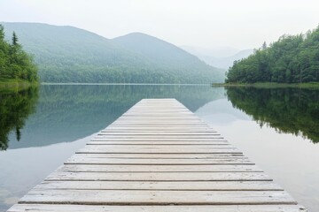 Fototapeta premium A serene wooden dock extends into a calm lake, surrounded by lush green hills and a misty atmosphere, creating a peaceful natural scene.