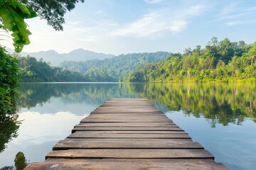 Naklejka premium A serene wooden pier extends into a calm lake, surrounded by lush greenery and mountains under a clear blue sky.