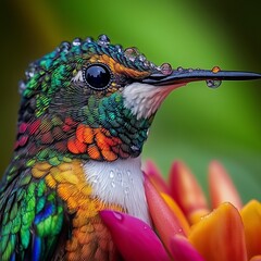 Vibrant hummingbird perched on a flower in a tropical rainforest, with water droplets on its feathers.