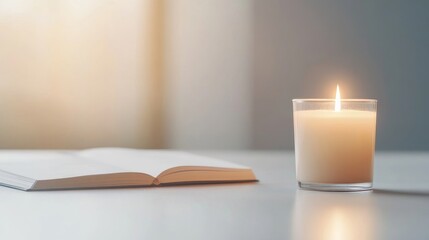 Cozy Atmosphere with Candle and Open Book on Soft Background