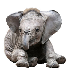 Fototapeta premium A baby elephant sitting down its trunk playfully curled up as if it's giggling, isolated on transparent background