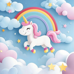 Abstract 3d cute cartoon image of unicorn and rainbow on clouds, cute unicorn , toy store wallpaper, kids room wallpaper, children's book illustration