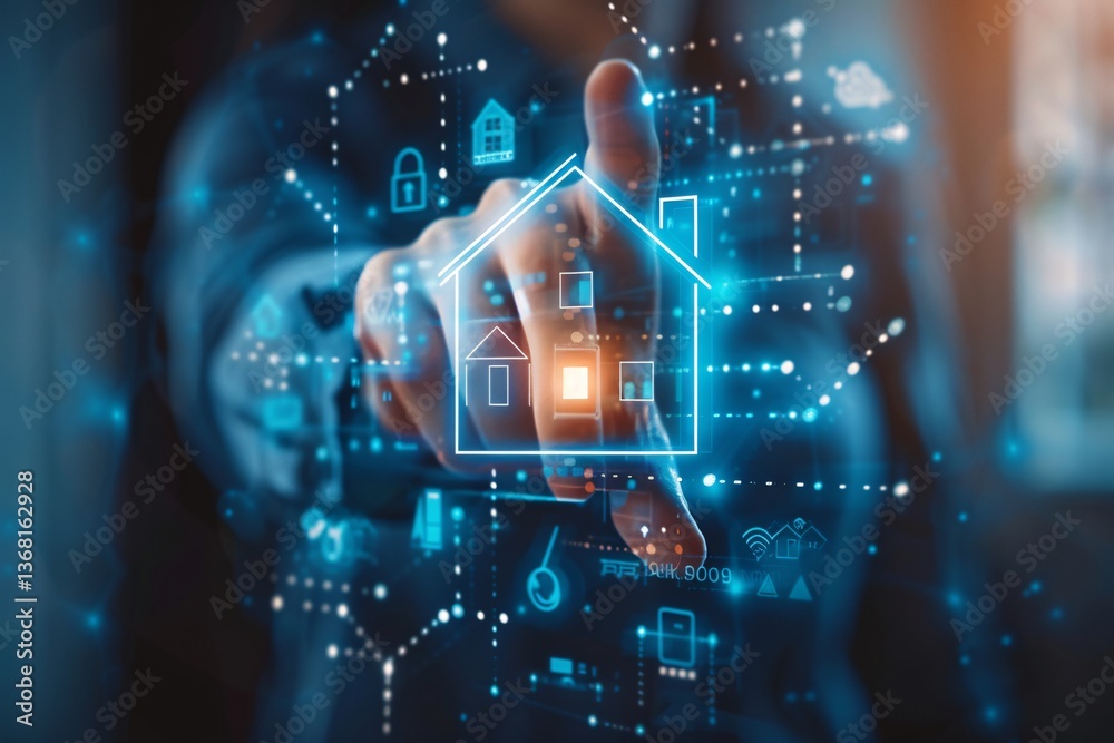 Poster Businessman controlling a smart home automation system using hologram technology, concept of innovation and future