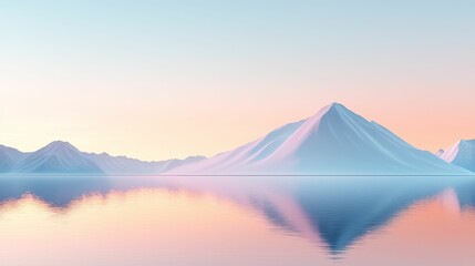 A serene landscape featuring a pale mountain reflecting on calm water, under a pastel sky at dawn.