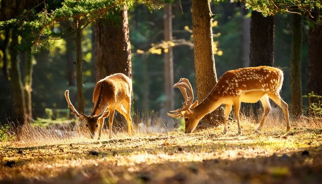 two spotted deer grazing in golden sunlight forest