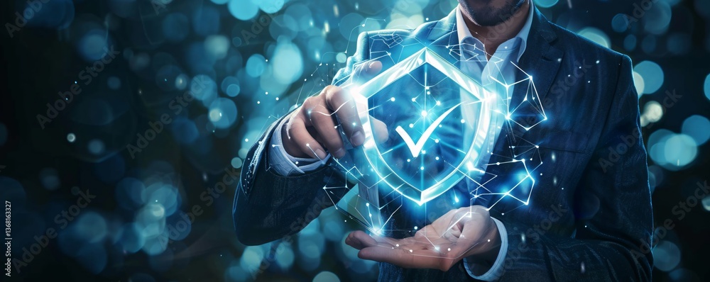 Poster Businessman holding a secure shield with check mark representing cybersecurity and data protection