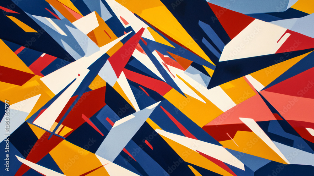 Poster colorful abstract painting featuring overlapping angular shapes arranged to create a captivating and