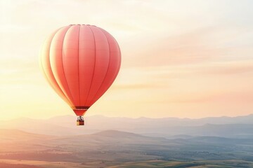 Fototapeta premium A vibrant hot air balloon floats above rolling hills at sunset, casting a warm glow over the landscape.