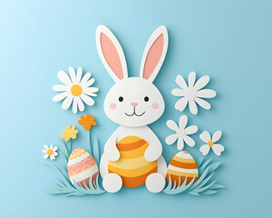 Fototapeta premium Papercraft Easter bunny holding egg amidst flowers