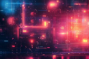 An abstract digital interface with glowing elements and sharp, geometric patterns