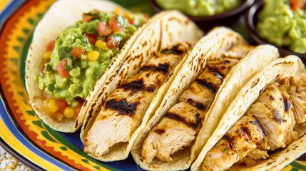 Grilled chicken tacos with guacamole and salsa mexican restaurant food photography bright close-up culinary delight