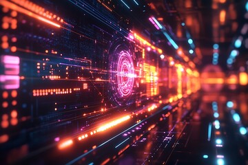 Obraz premium An abstract digital interface with glowing elements and sharp, geometric patterns
