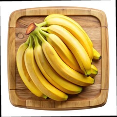 A bunch of ripe yellow bananas arranged on a wooden cutting board