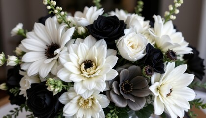 Elegant Black and White Contrast Create a sophisticated black and white floral arrangement that emphasizes textures and shapes of varying flowers, giving it a classic feel.