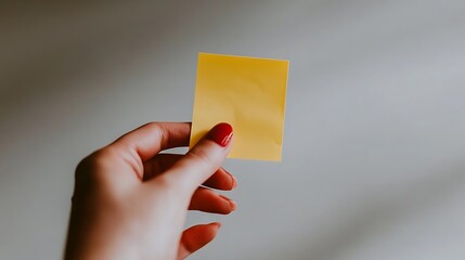 A hand holding a yellow sticky note against a grey background