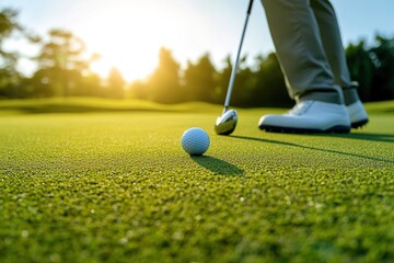 Sportsman preparing for a golf shot on the fairway lining up golf club with the golf ball.